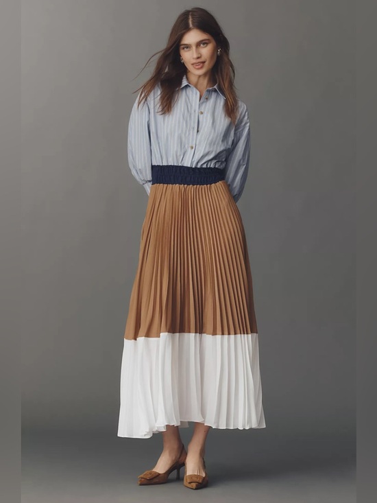 Anthropologie Dresses & Skirts - NWT Anthropologie Somerset Colorblock Pleated Twofer Maxi Dress Blue Tan XSP